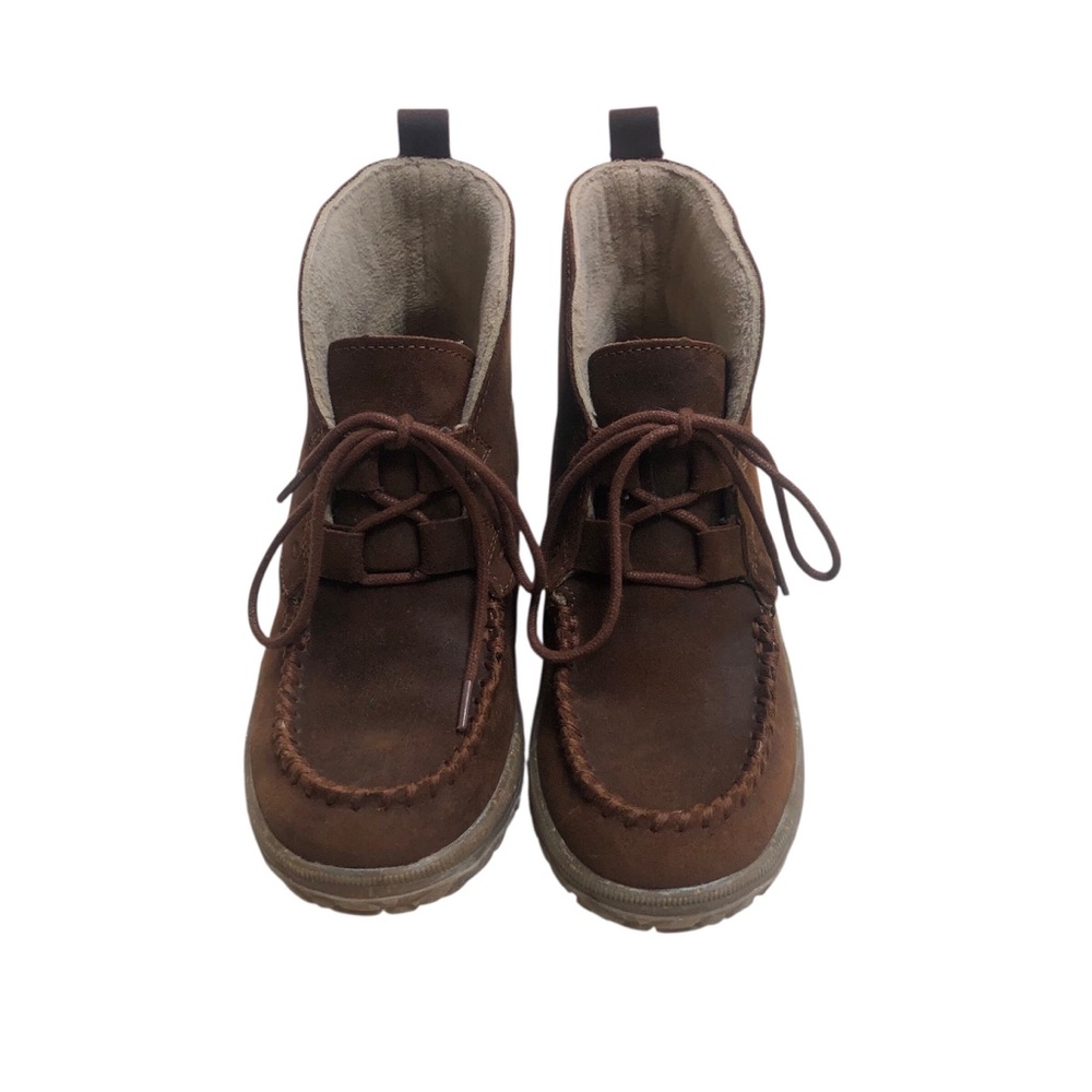 Minnetonka Tealey Brown Suede Lace Up Moc Toe Ankle Boots Womens 8M Fleece Lined - Picture 4 of 7